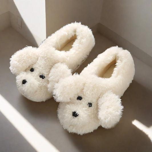 Comwarm Cute Dog Short Plush Slippers For Women Winter Warm Furry Cotton Shoes Couples Home Indoor Bedroom Cozy Slippers
